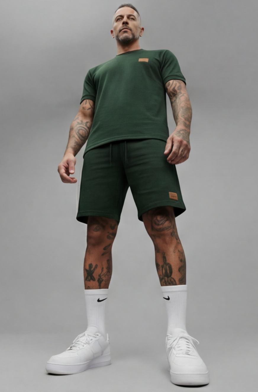 The Athletic Workout 2-Piece T-Shirt and Shorts Outfit with Pockets in Blackish Green