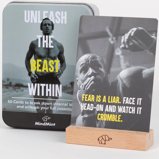 MindMint Motivational Affirmation Cards for Men - 50 Daily Affirmations for Men Motivational Gift for Men in Tin Box with Wooden Stand