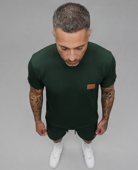 The Athletic Workout 2-Piece T-Shirt and Shorts Outfit with Pockets in Blackish Green