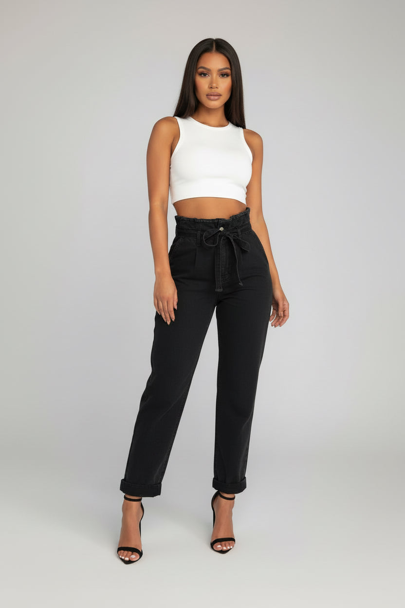 Elegant High-Waisted Floral Denim Trousers