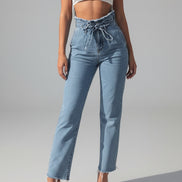 Elegant High-Waisted Floral Denim Trousers
