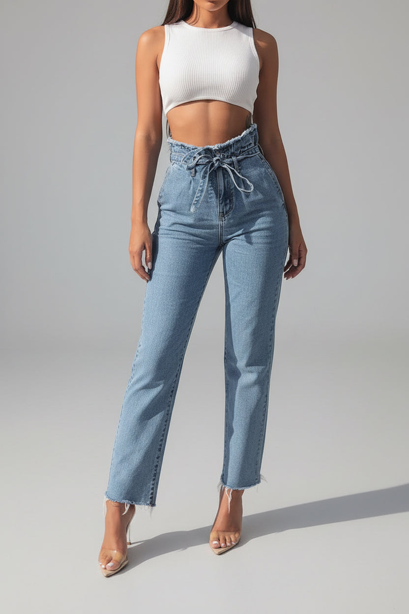 Elegant High-Waisted Floral Denim Trousers