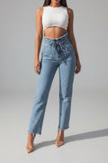 Elegant High-Waisted Floral Denim Trousers