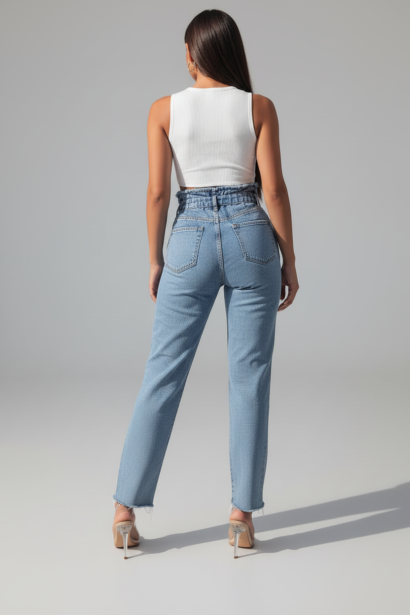 Elegant High-Waisted Floral Denim Trousers
