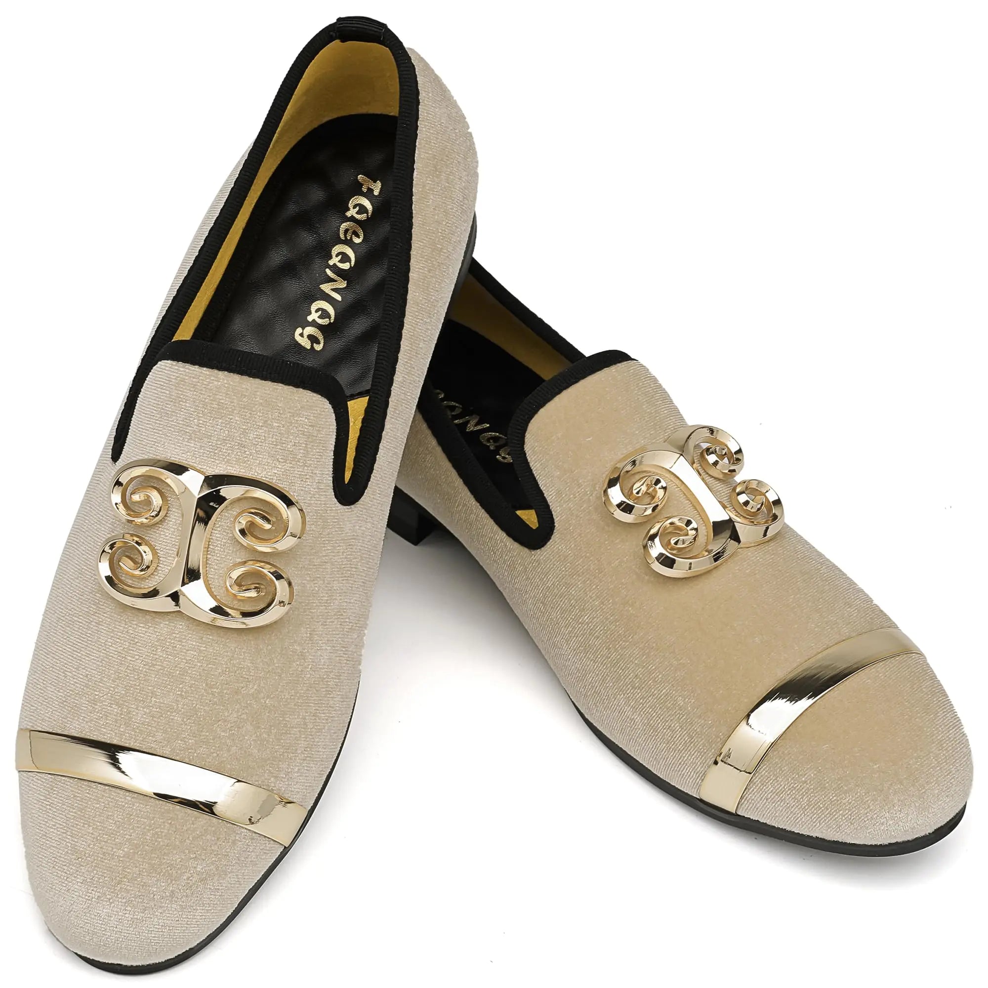 The Velvet Gold & Beige Buckle Loafers