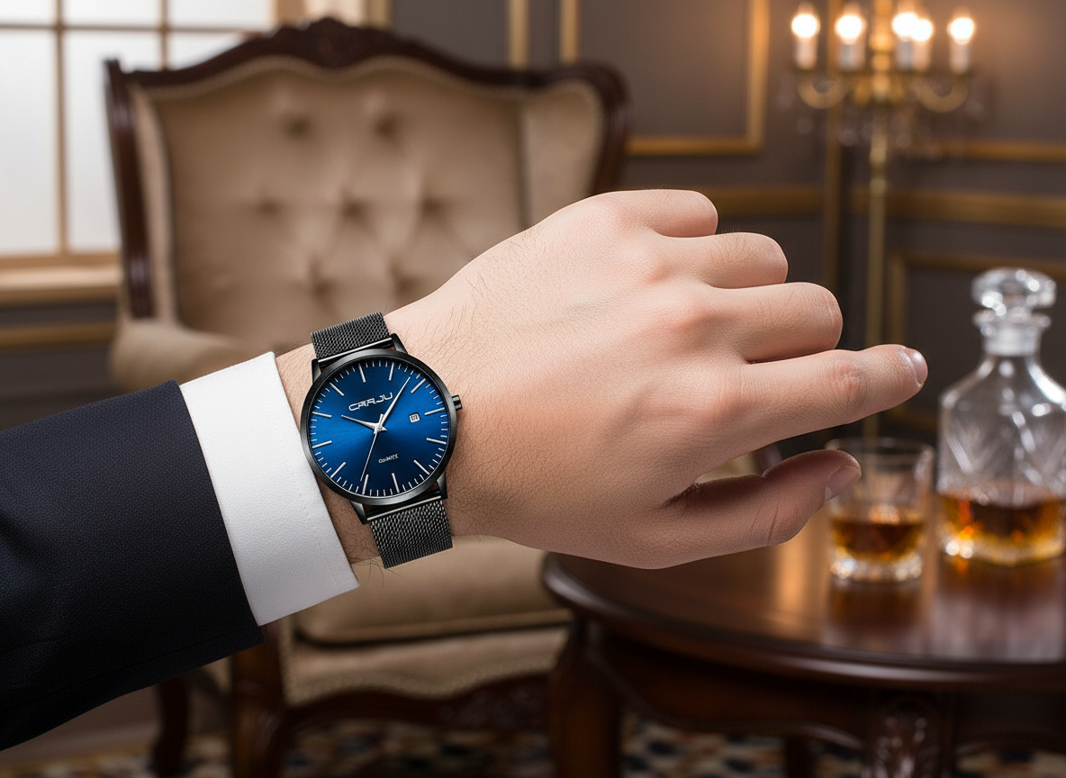 The Stainless Steel Casual Waterproof Unique Auto Date Window Black Blue Watch