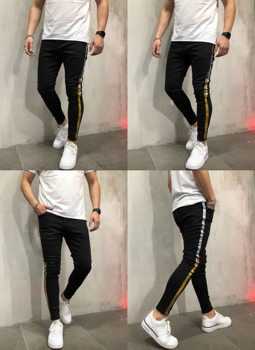 Striped Printed Slim Leg Black Denim Pants