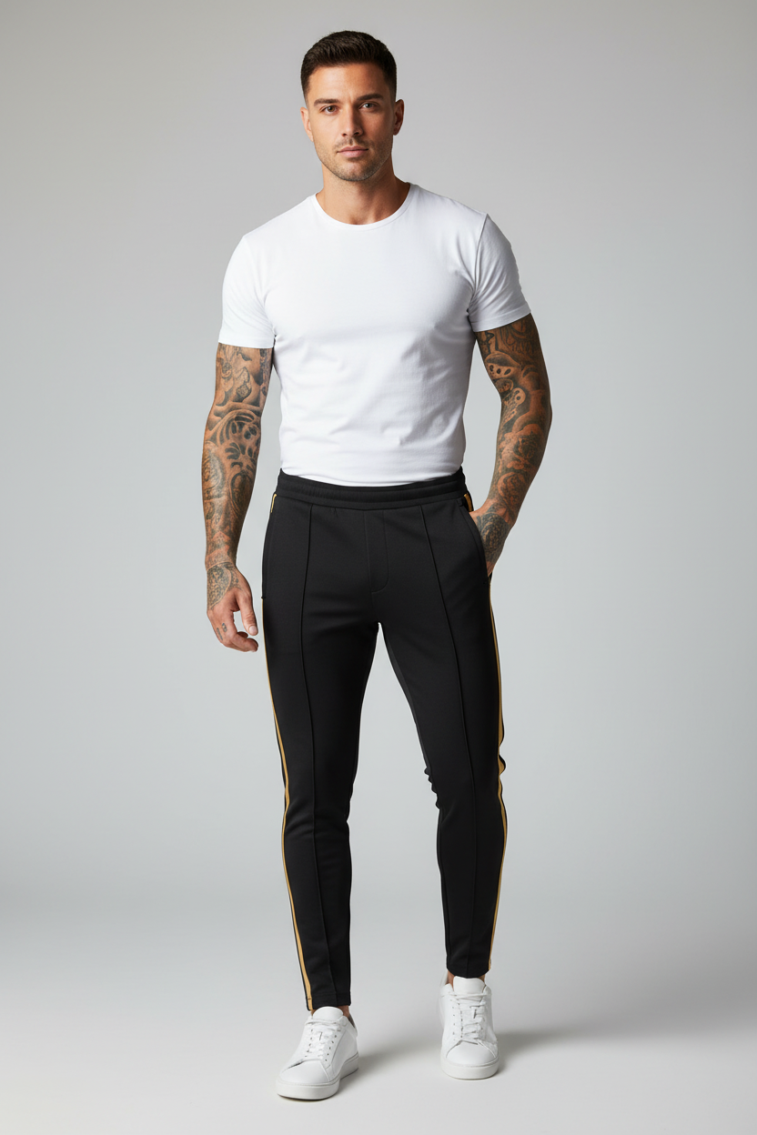 Striped Printed Slim Leg Black Denim Pants