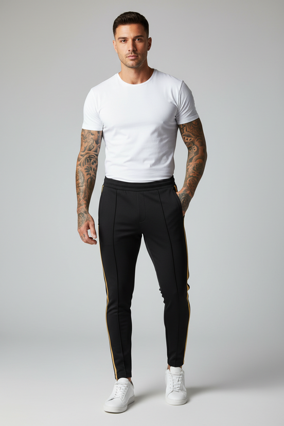 Striped Printed Slim Leg Black Denim Pants