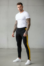 Striped Printed Slim Leg Black Denim Pants