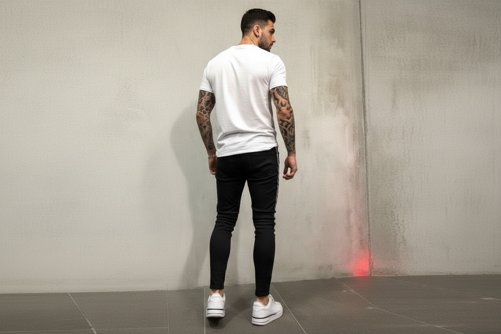 Striped Printed Slim Leg Black Denim Pants