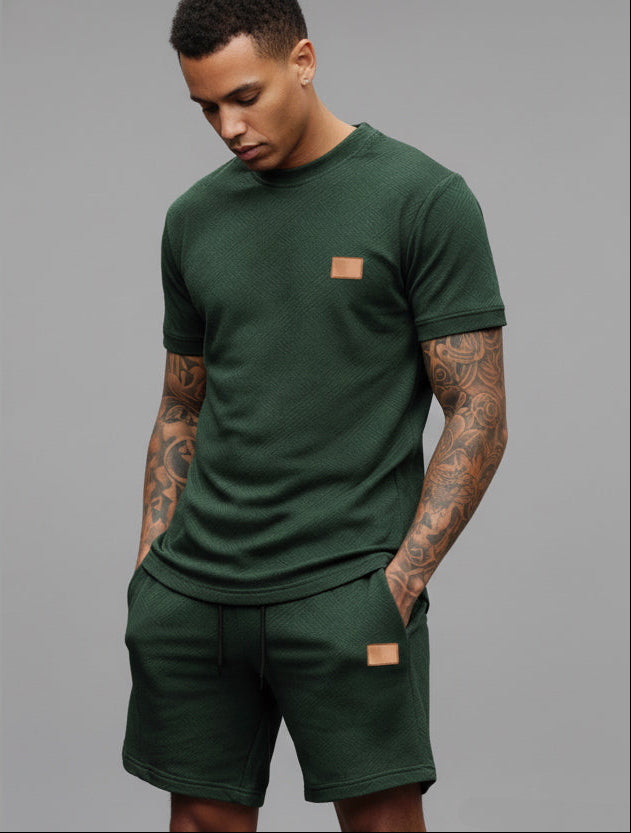 The Athletic Workout 2-Piece T-Shirt and Shorts Outfit with Pockets in Blackish Green