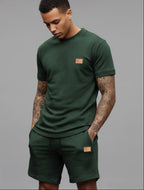 The Athletic Workout 2-Piece T-Shirt and Shorts Outfit with Pockets in Blackish Green