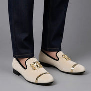 The Velvet Gold & Beige Buckle Loafers