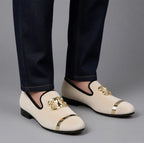 The Velvet Gold & Beige Buckle Loafers