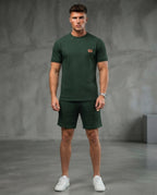 The Athletic Workout 2-Piece T-Shirt and Shorts Outfit with Pockets in Blackish Green