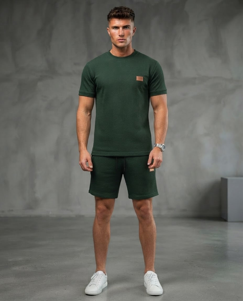 The Athletic Workout 2-Piece T-Shirt and Shorts Outfit with Pockets in Blackish Green