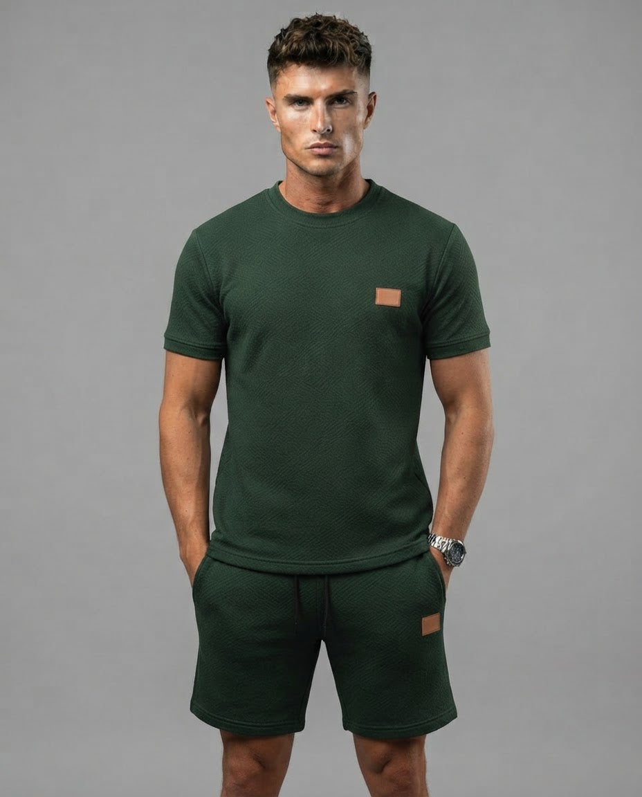 The Athletic Workout 2-Piece T-Shirt and Shorts Outfit with Pockets in Blackish Green
