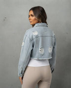 The Cropped Frayed Denim Jacket - Light Blue