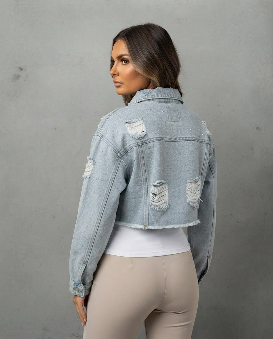 The Cropped Frayed Denim Jacket - Light Blue