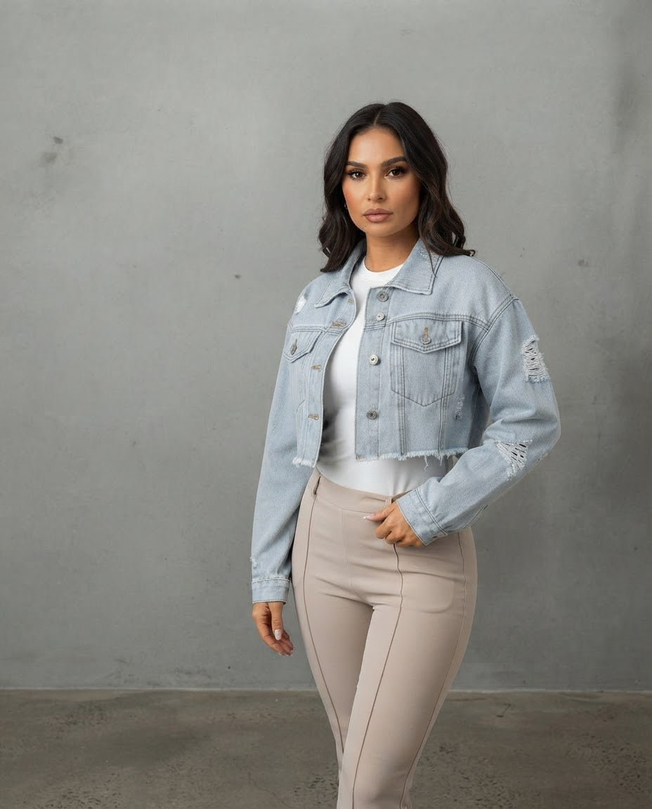 The Cropped Frayed Denim Jacket - Light Blue